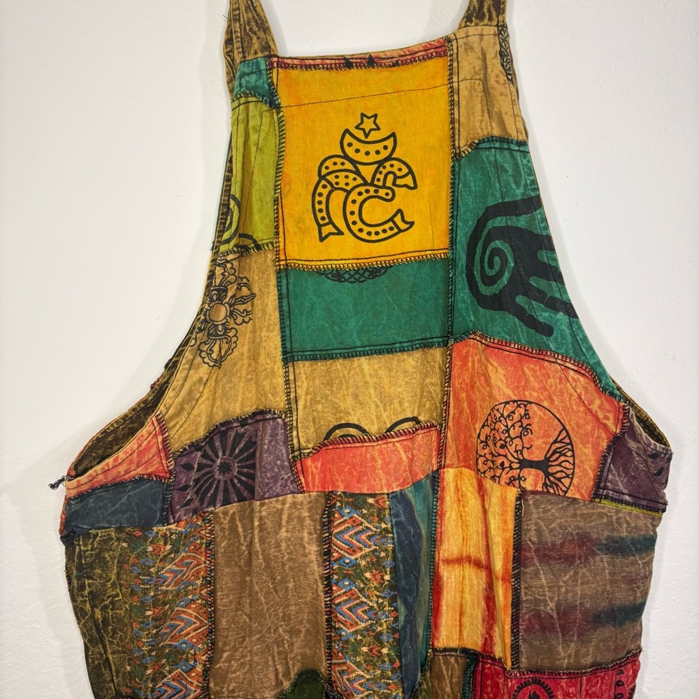 Boho Patchwork Wide Leg Jumpsuit Overalls 100% Cotton - Picture 10 of 16